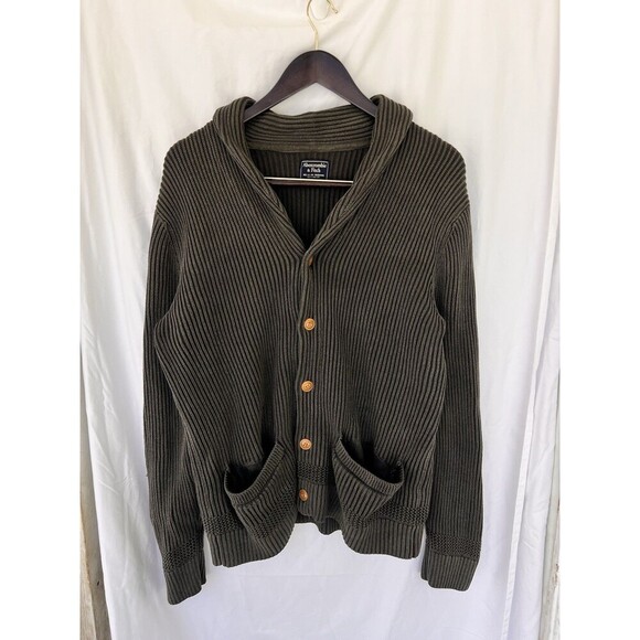 Abercrombie & Fitch Shawl Cardigan Mens M Sweater Olive Green Chunky Knit Button - Picture 1 of 6